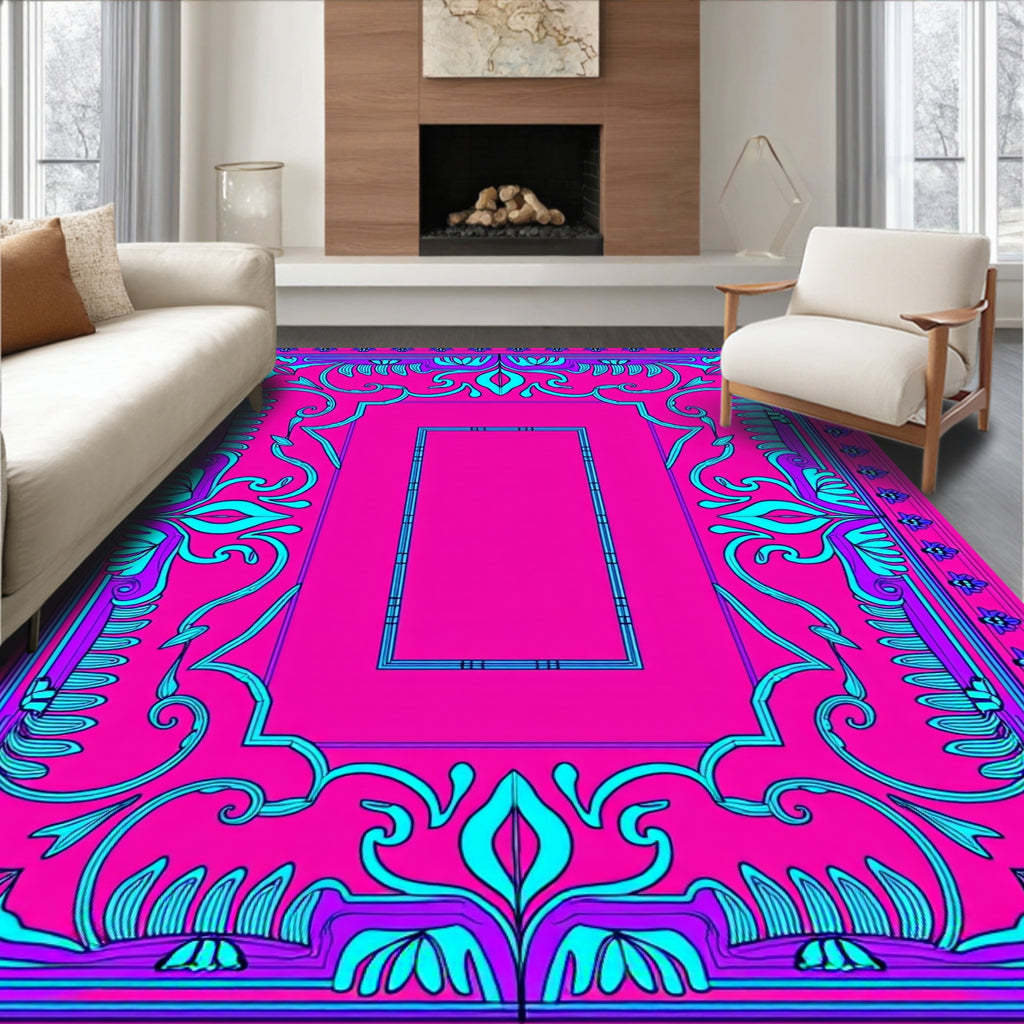 Vibrant Pink Teal Floral Frame Rug