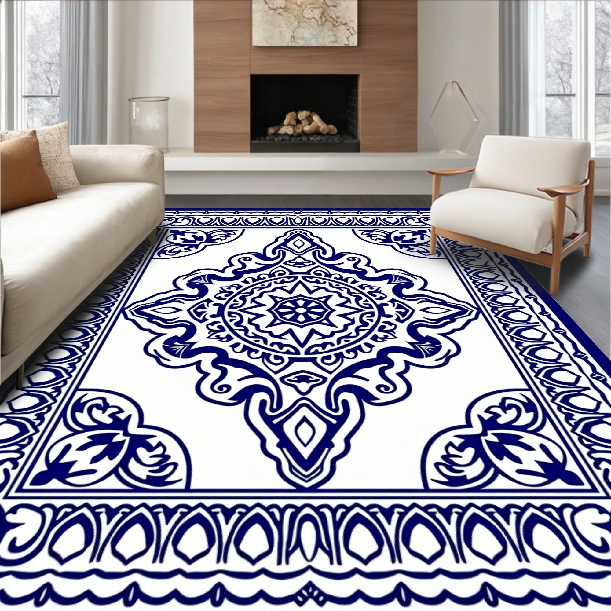 Classic Blue White Intricate Floral Design Rug