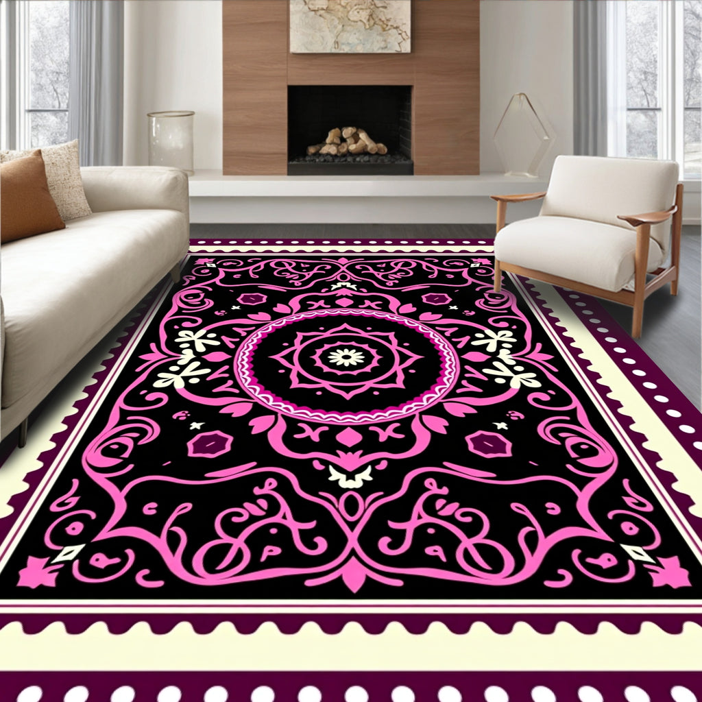Ornate Pink And Black Floral Rug