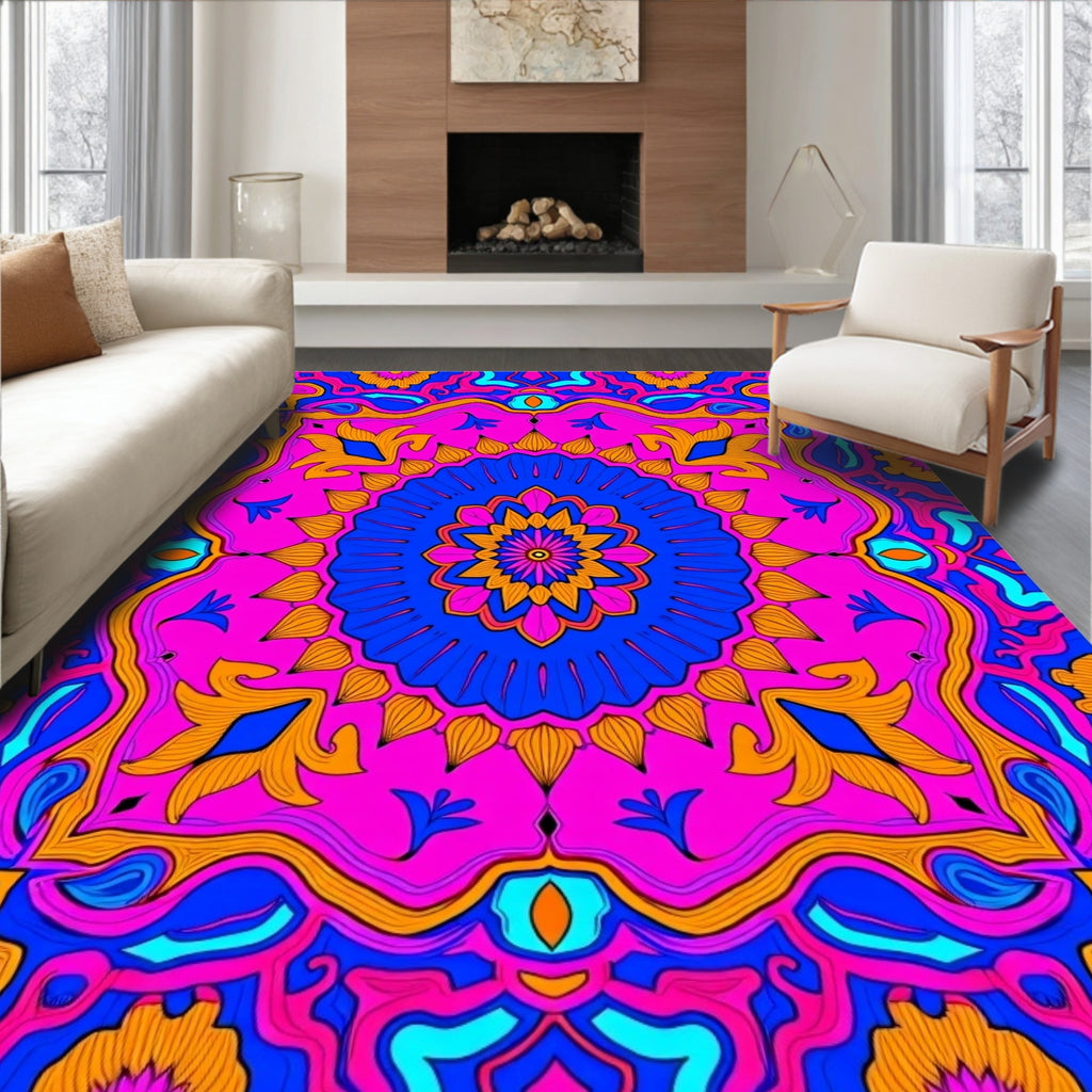 Vibrant Magenta Blue Floral Medallion Rug
