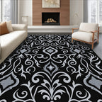 Ornate Black White Damask Pattern Rug