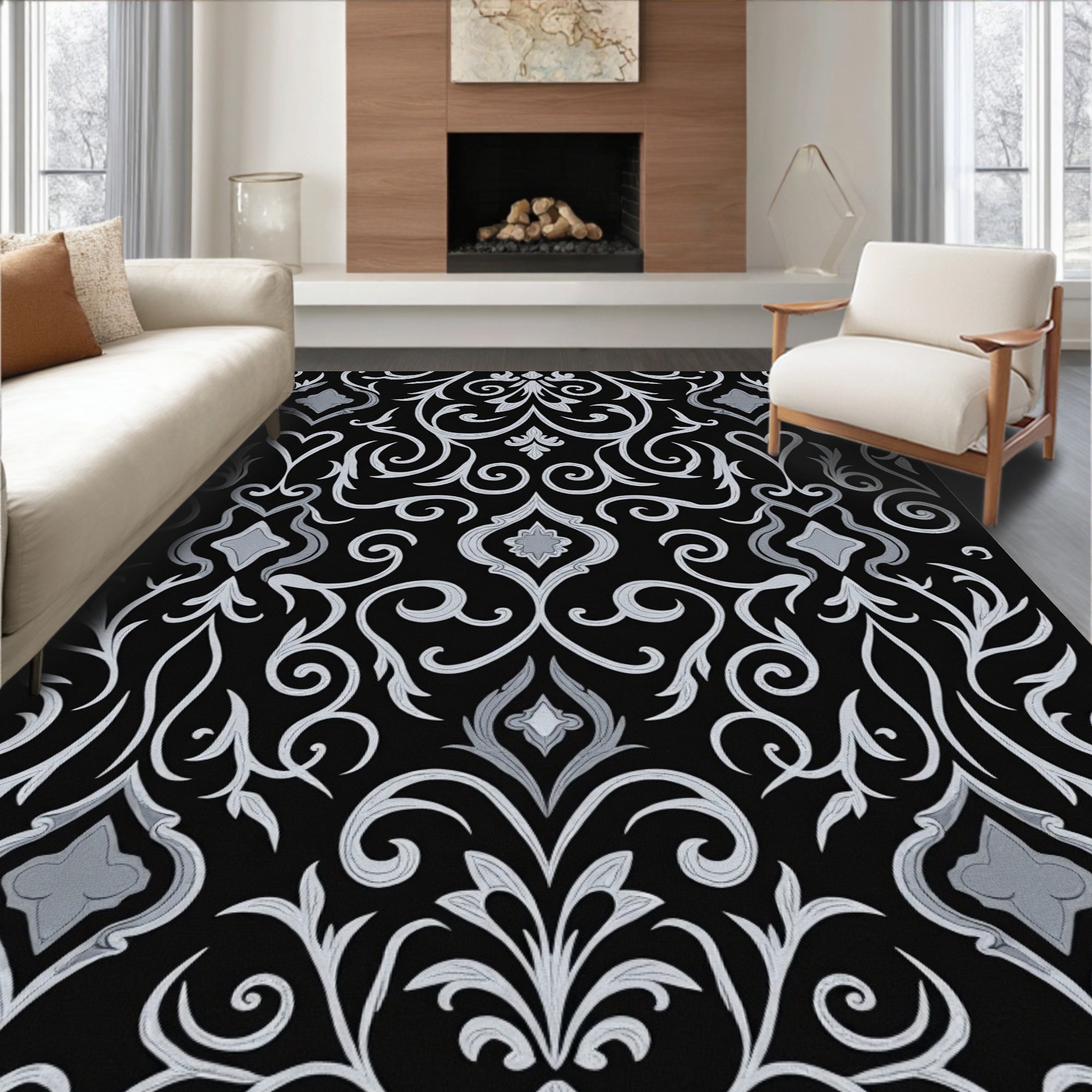 Ornate Black White Damask Pattern Rug