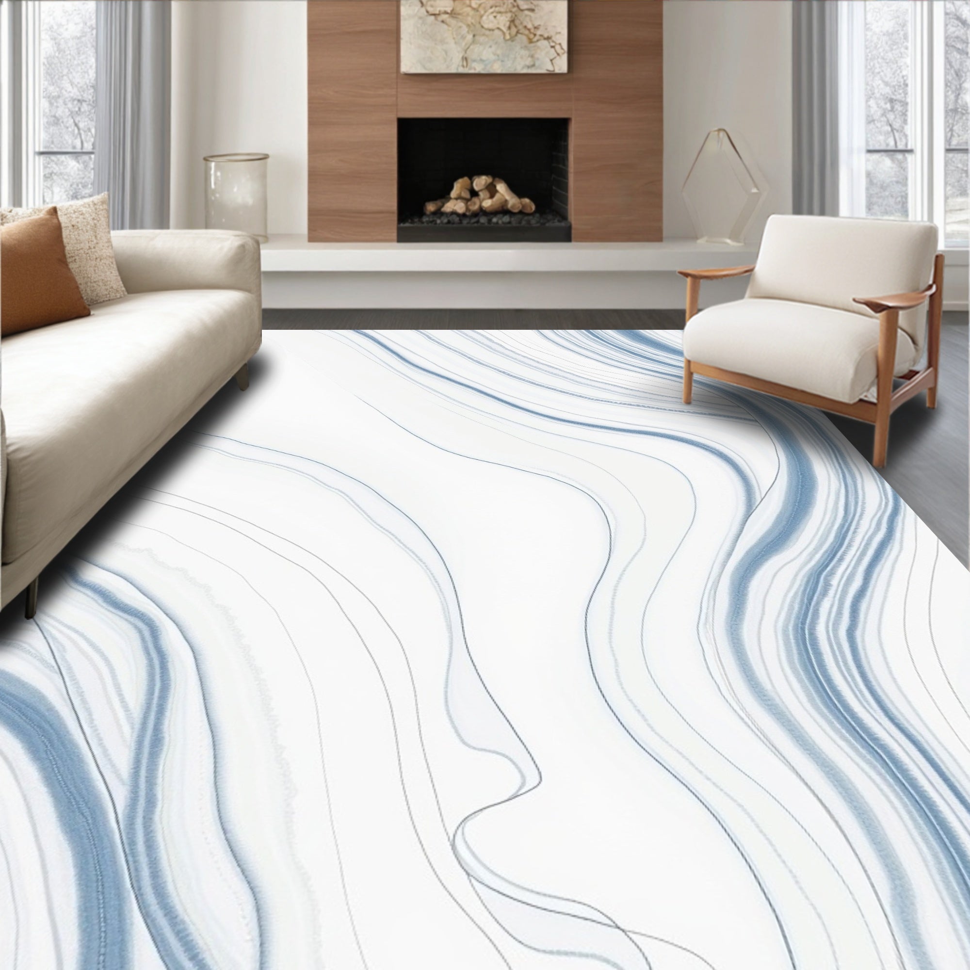 Abstract Blue White Flowing Lines Rug