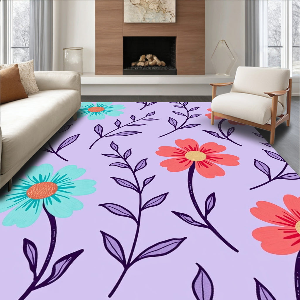 Coral Teal Floral Branch Pattern Rug