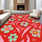 Bold Red Floral Whimsical Pattern Rug