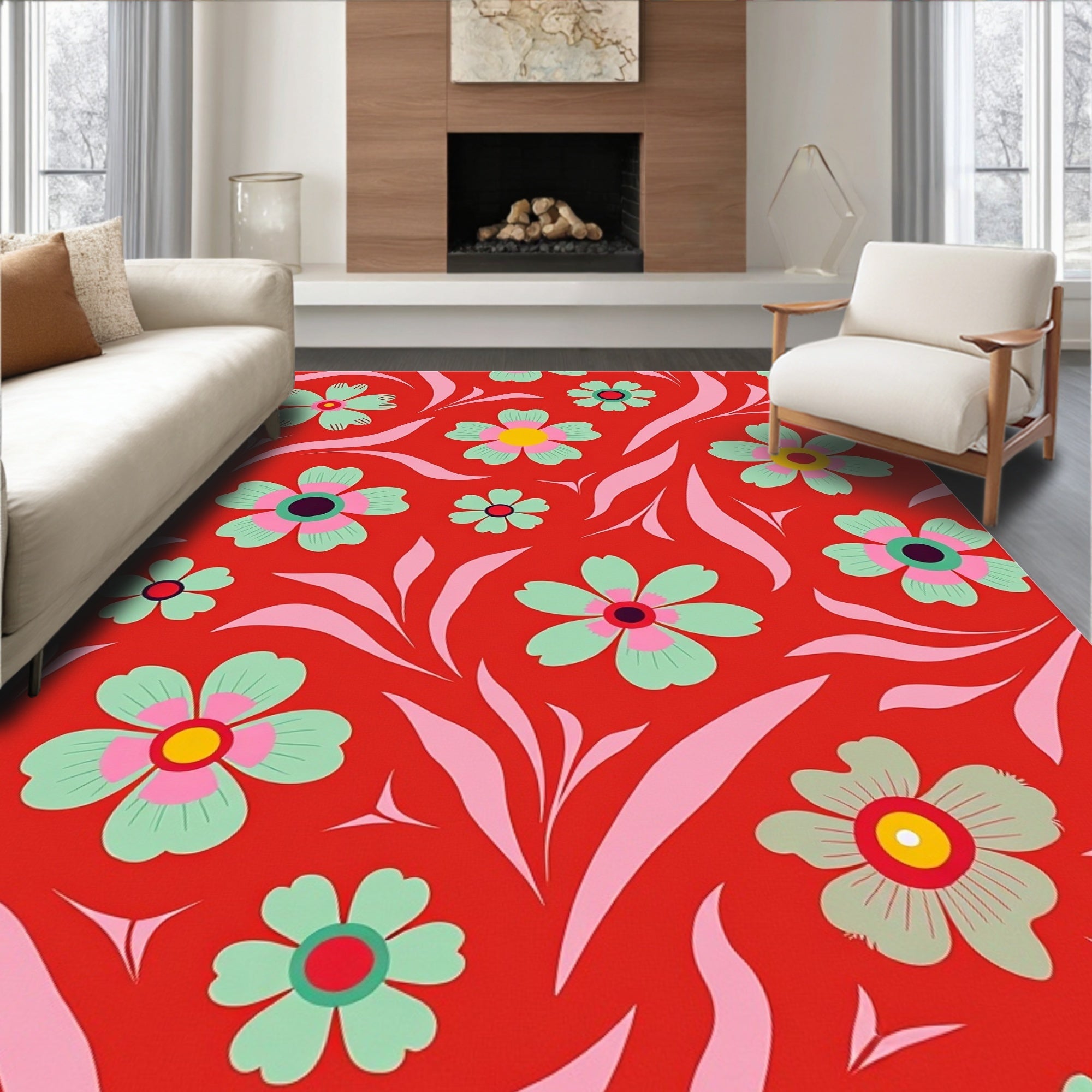 Bold Red Floral Whimsical Pattern Rug