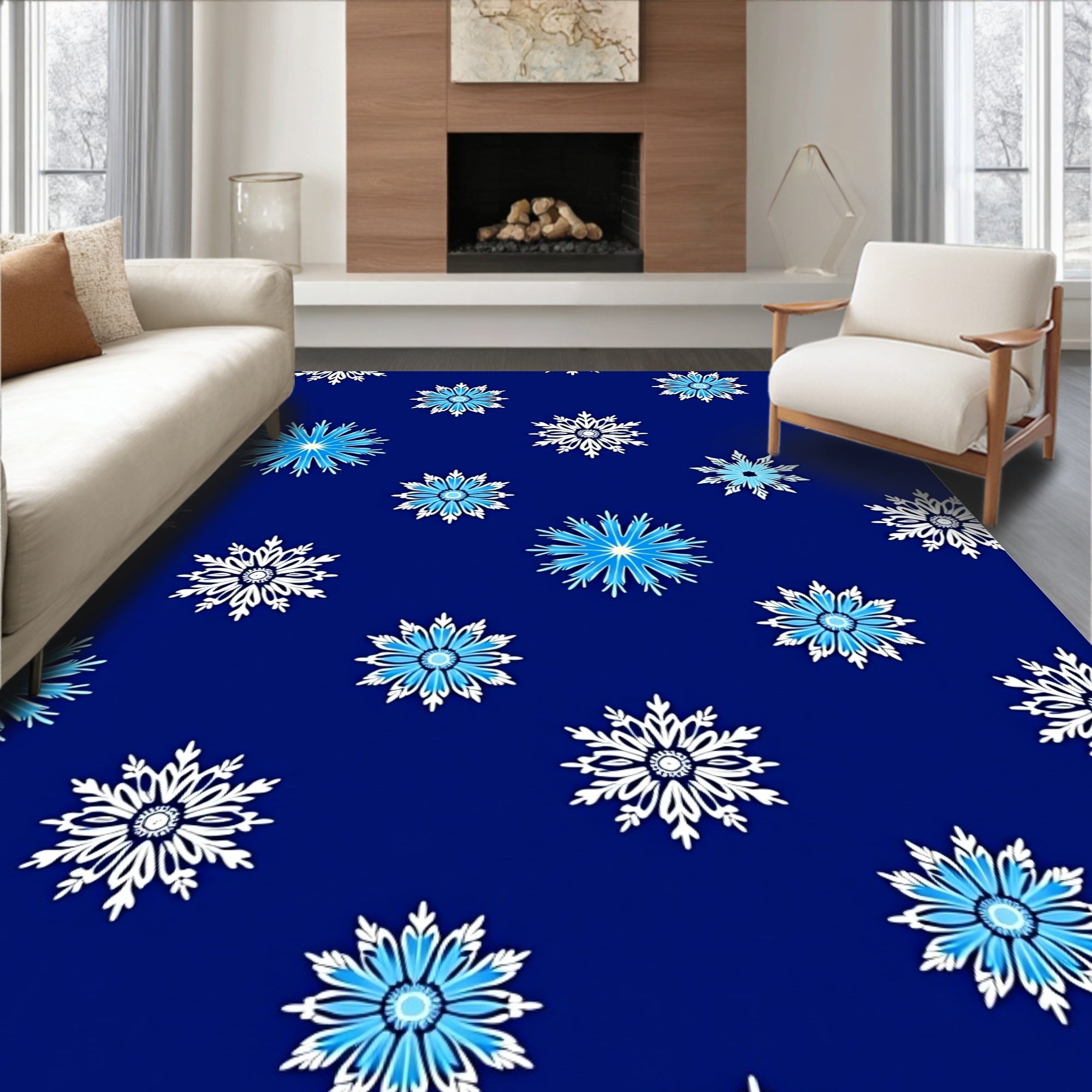 Deep Blue Snowflake Repeat Rug