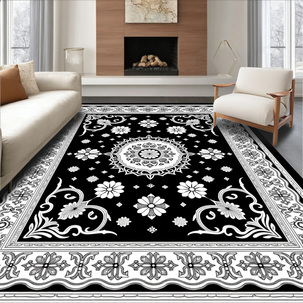 Intricate Floral Mandala Black and White Rug
