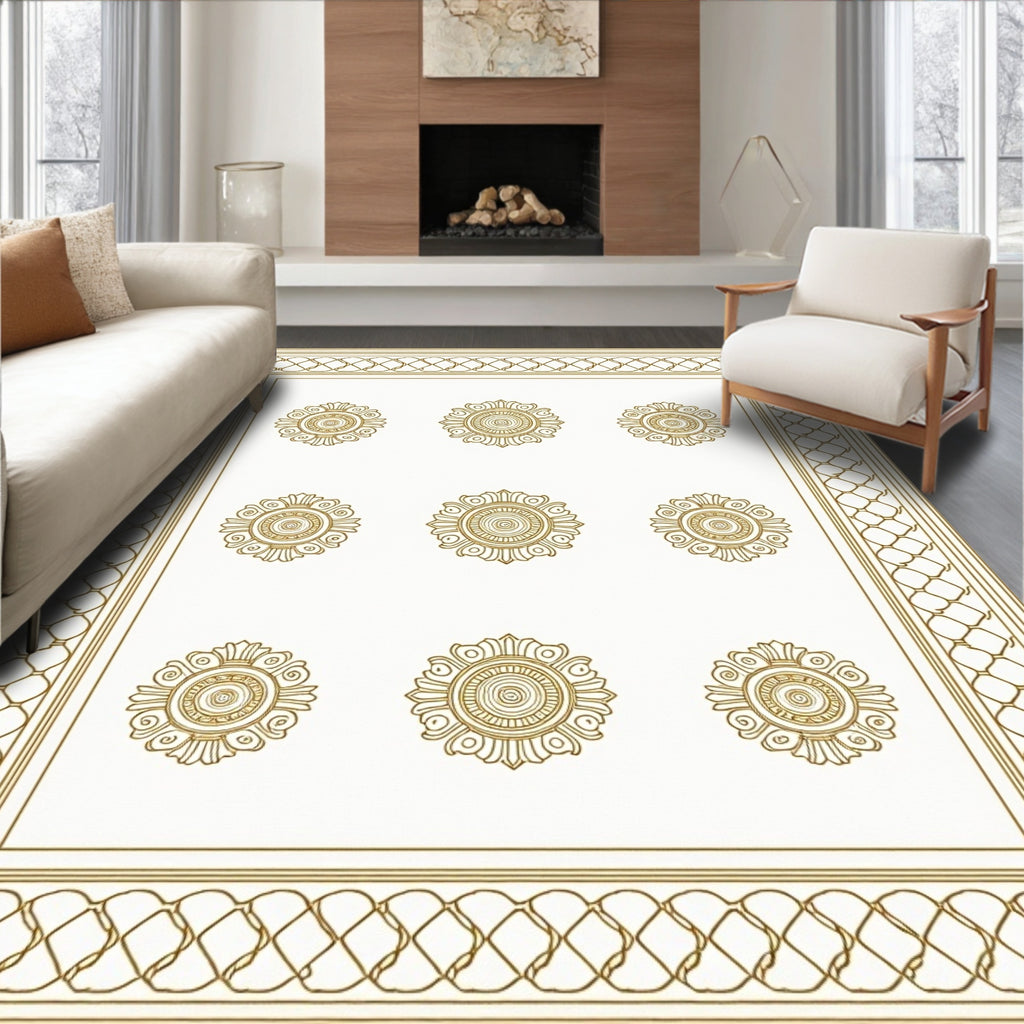 Golden Floral Round Medallion Design Rug