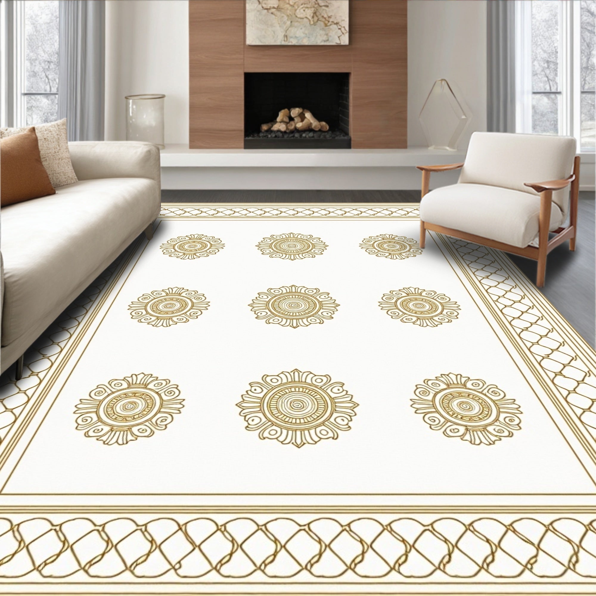Golden Floral Round Medallion Design Rug