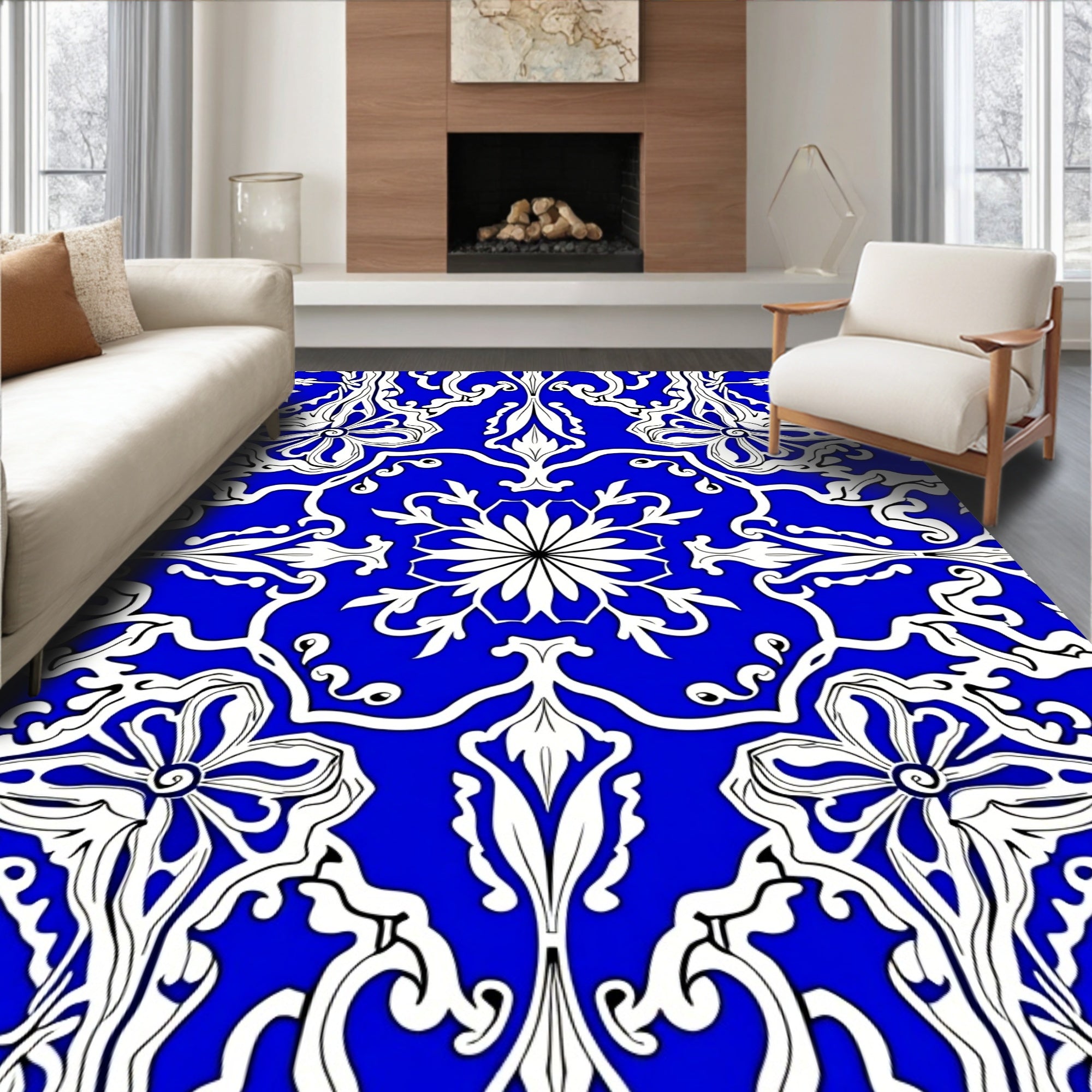 Elegant Azure Floral Scroll Pattern Rug