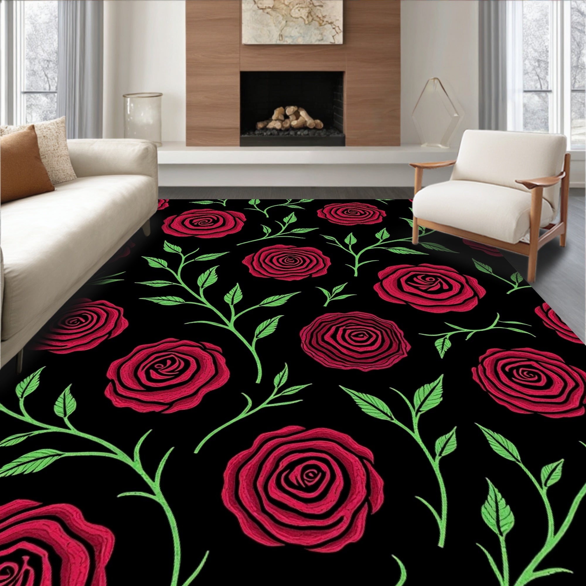 Deep Red Roses With Green Branches Pattern Rug