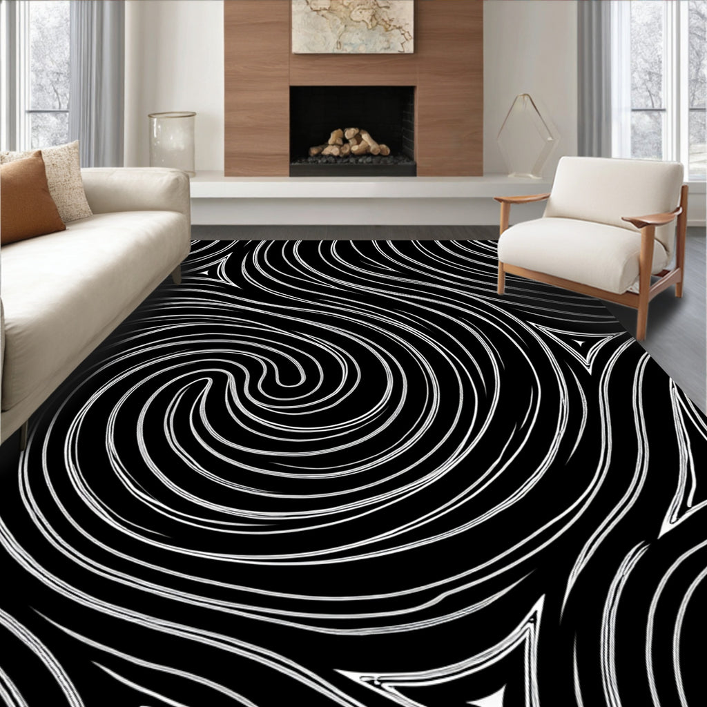 Monochrome Swirls and Triangles Pattern Rug