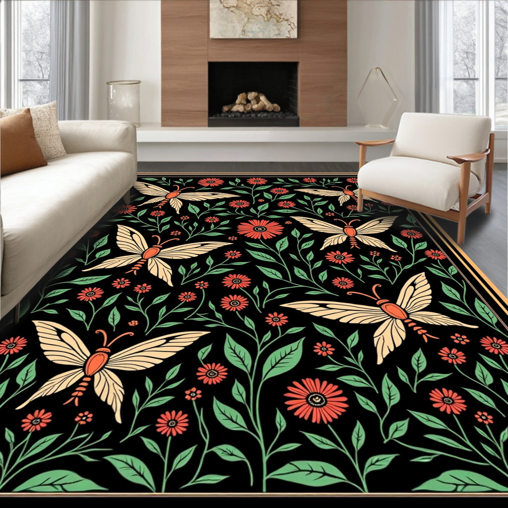 Vintage Butterfly and Floral Pattern Rug