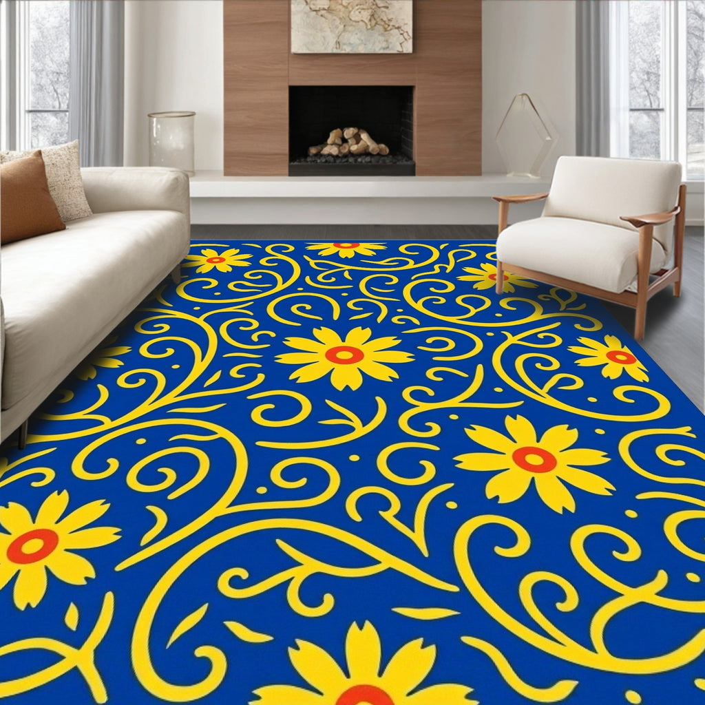 Vibrant Yellow Floral Swirls Rug