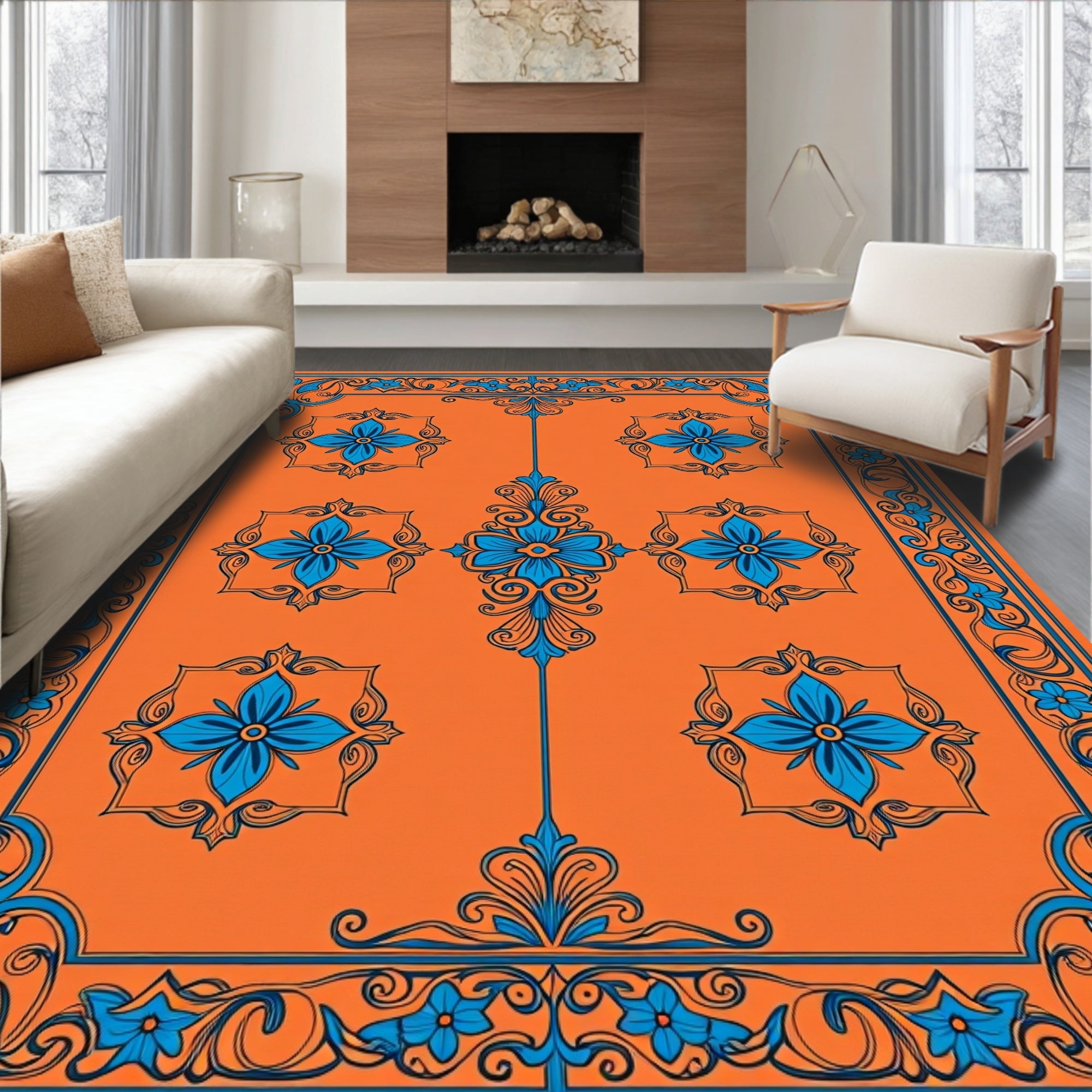Orange Blue Floral Scrollwork Rug