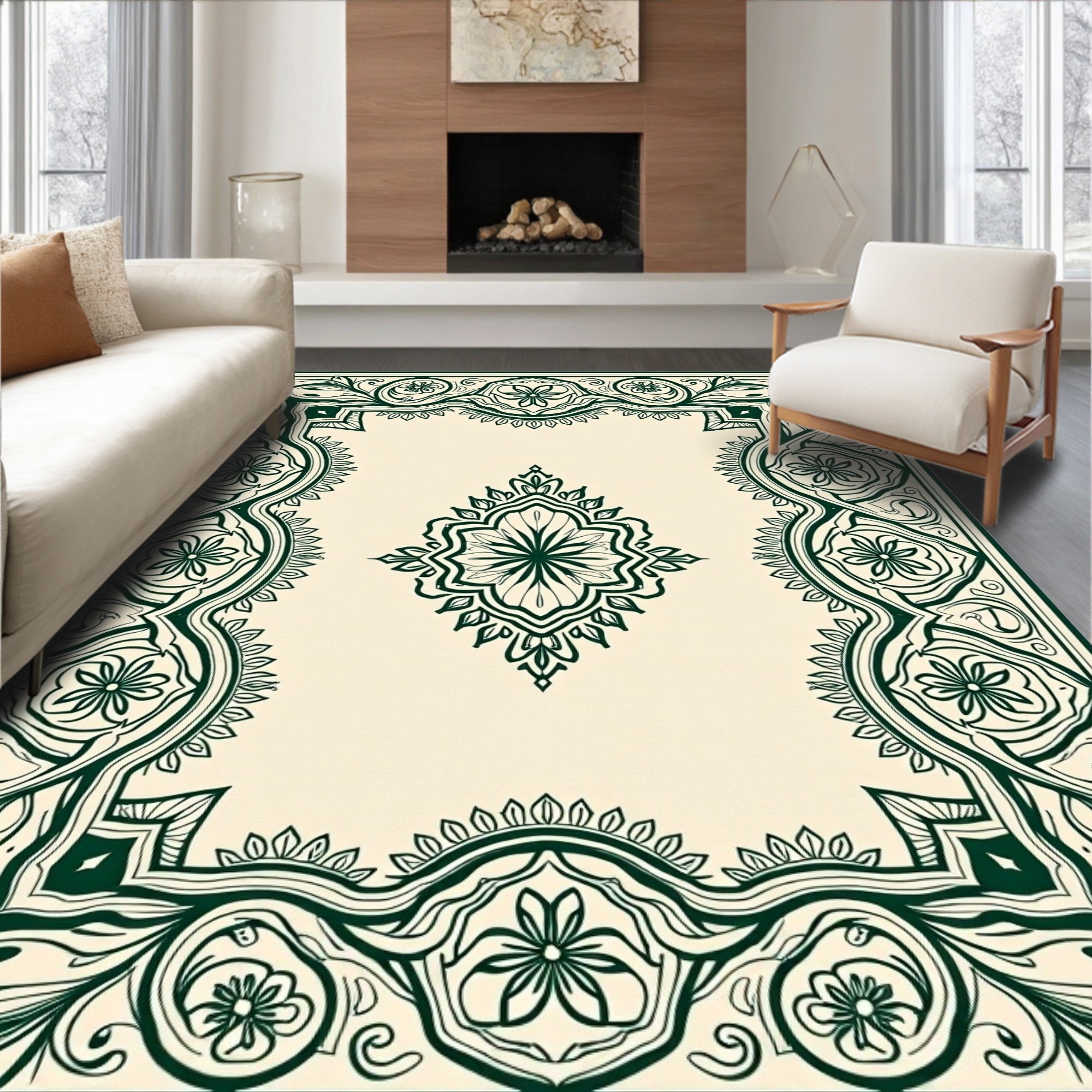 Intricate Floral Scrollwork Cream Rug