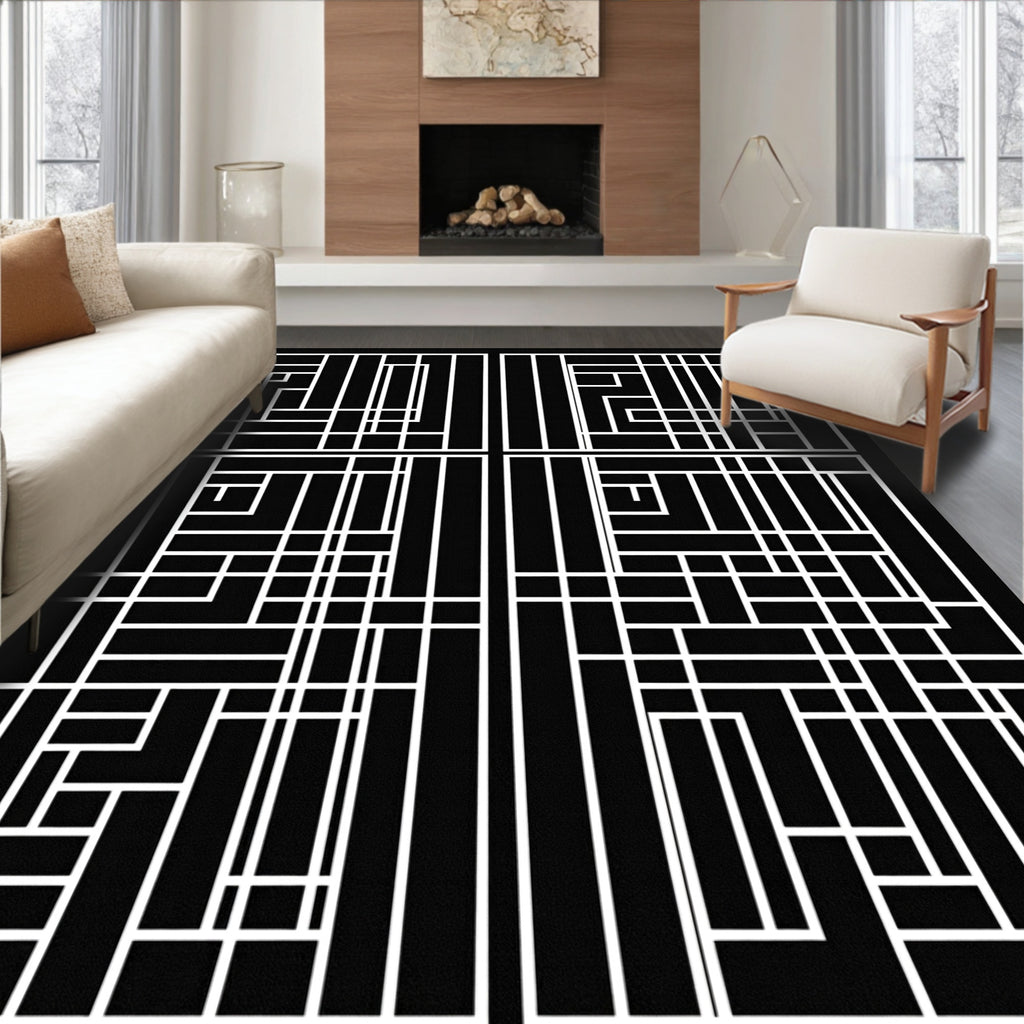 Modern Black White Geometric Lines Rug