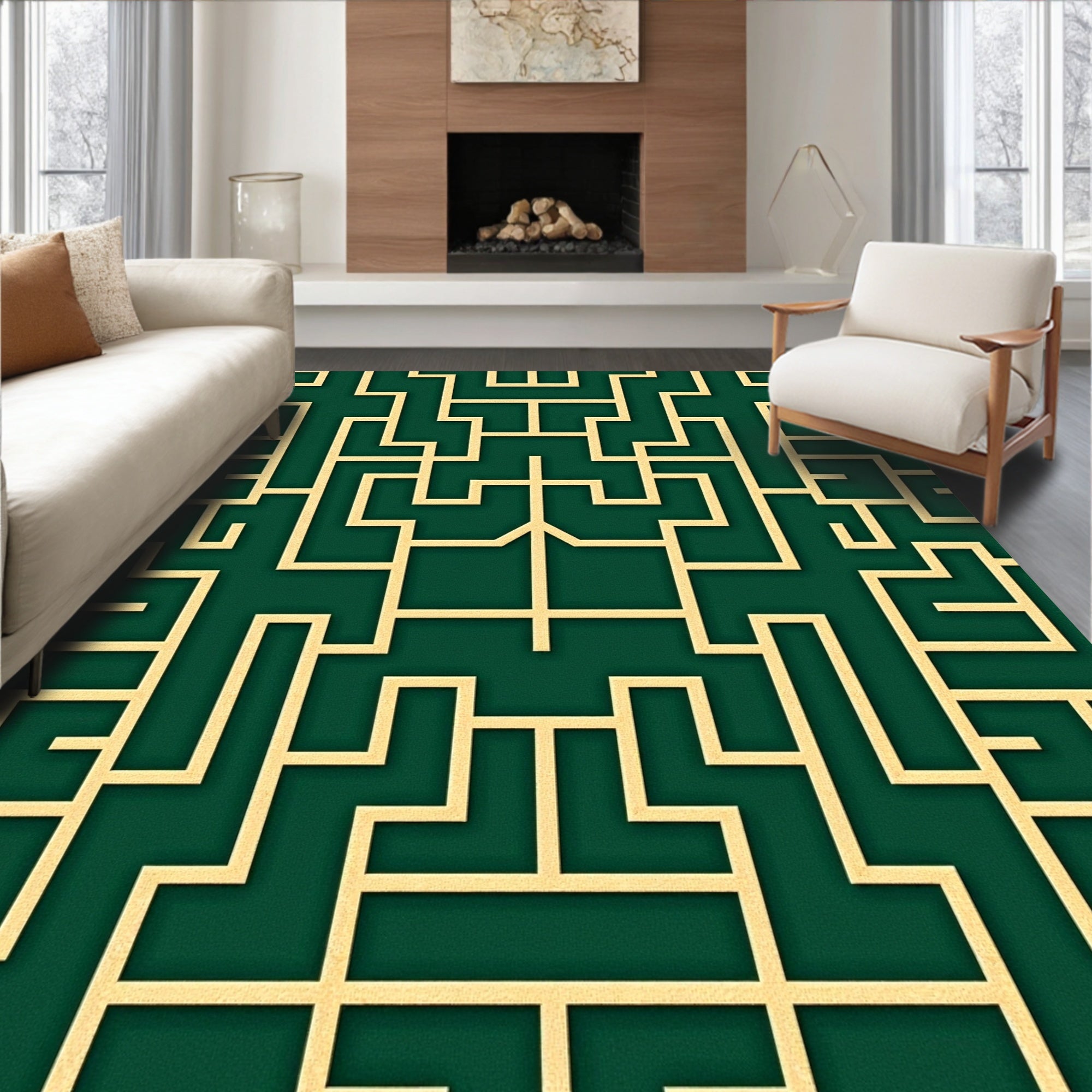 Green Gold Geometric Maze Rug