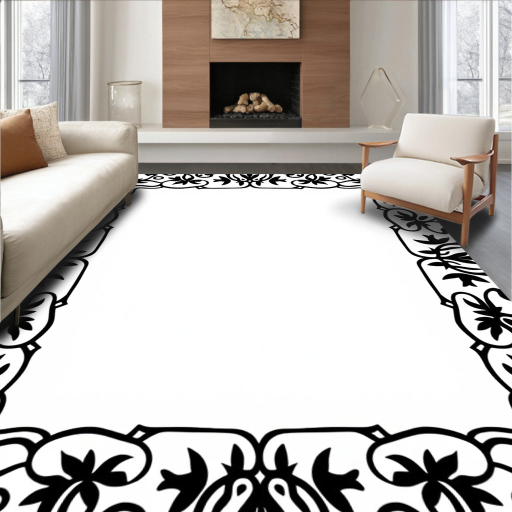 Ornate Black Floral Border Design Rug