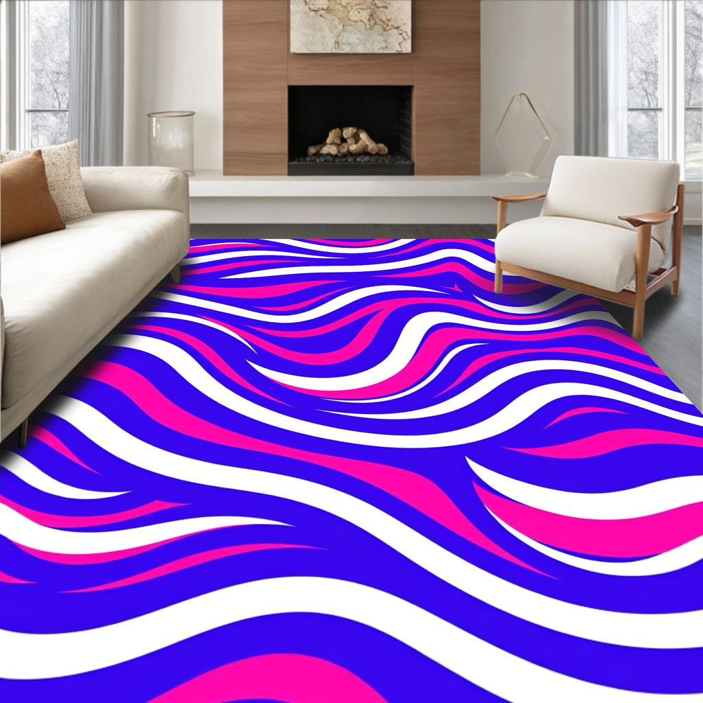 Bold Wavy Blue Pink White Stripe Pattern Rug
