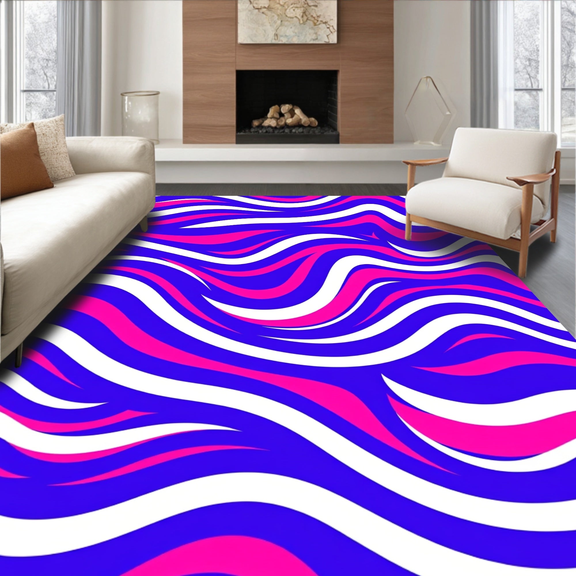 Bold Wavy Blue Pink White Stripe Pattern Rug