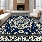 Dark Blue Floral Scrollwork Pattern Rug