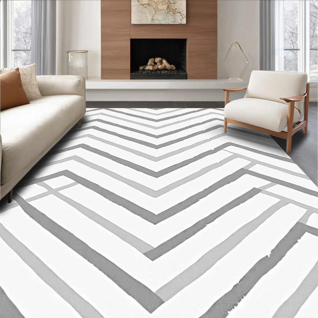 Modern Gray Geometric Chevron Pattern Rug