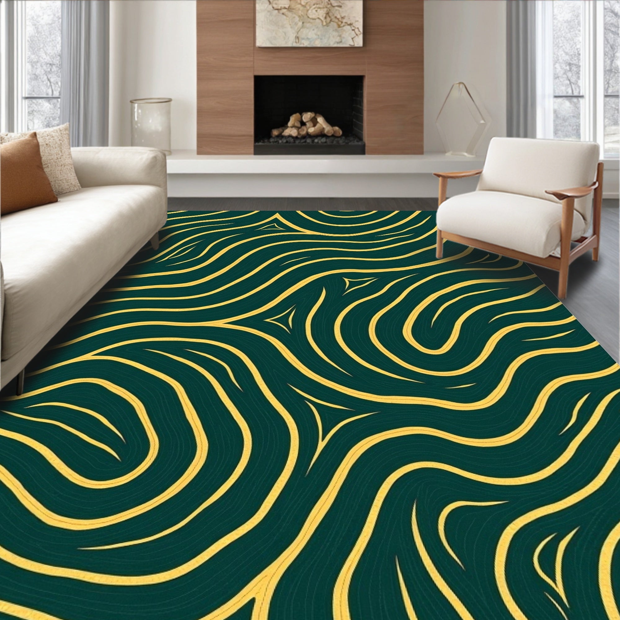 Bold Yellow Wavy Geometric Design Rug