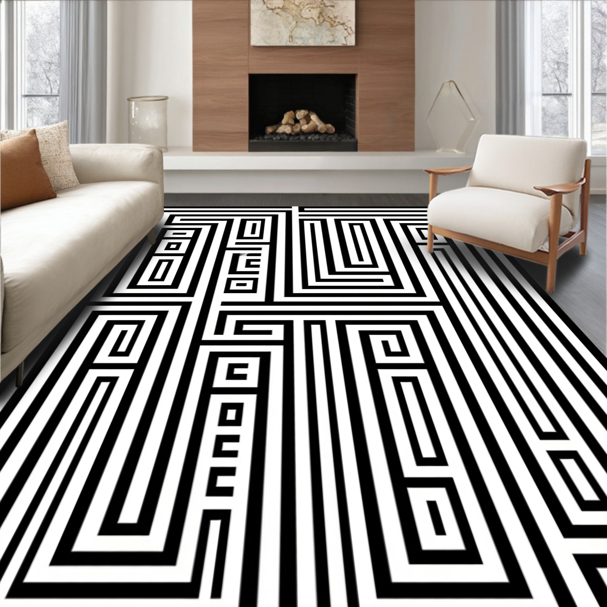 Black White Geometric Maze Pattern Rug