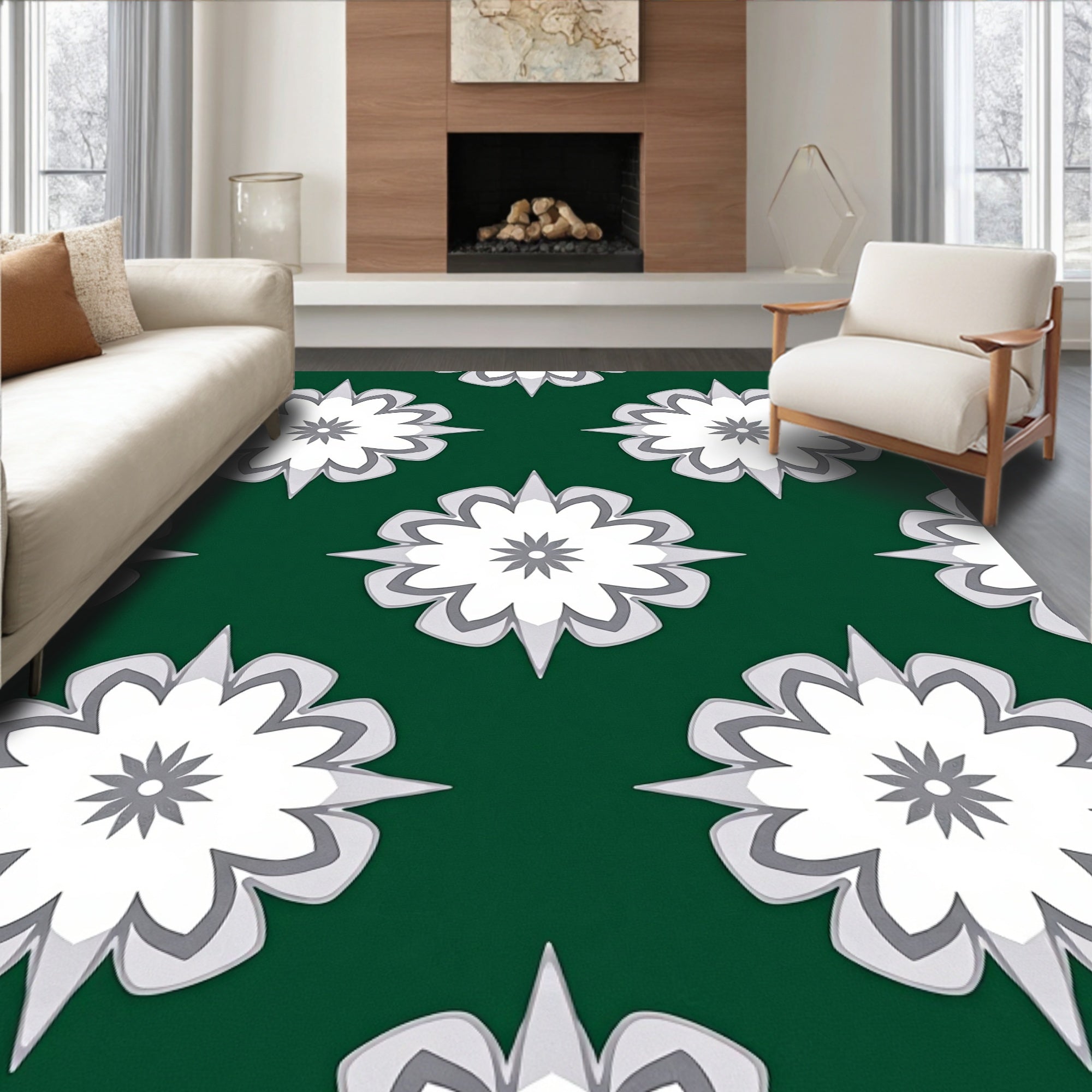 Green Floral Starburst Pattern Rug