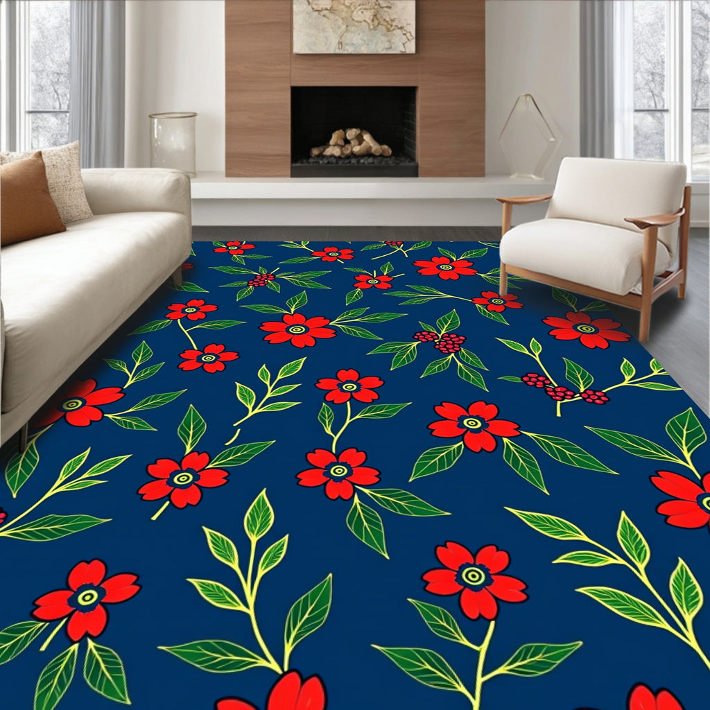 Red Floral Foliage On Navy Background Rug