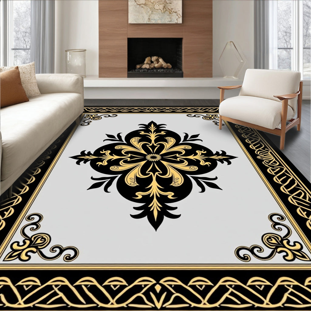 Ornate Black Gold Floral Medallion Rug