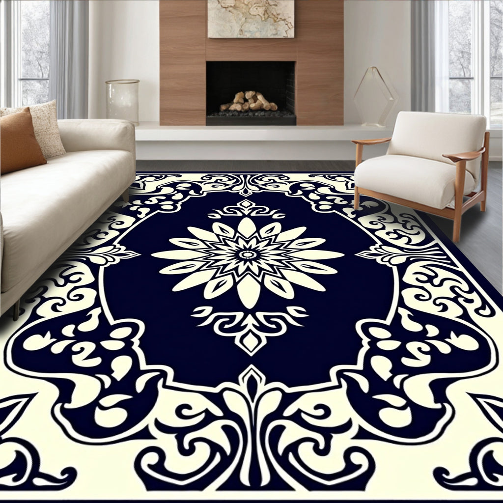 Dark Blue Ivory Floral Ornament Pattern Rug