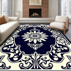 Dark Blue Ivory Floral Ornament Pattern Rug