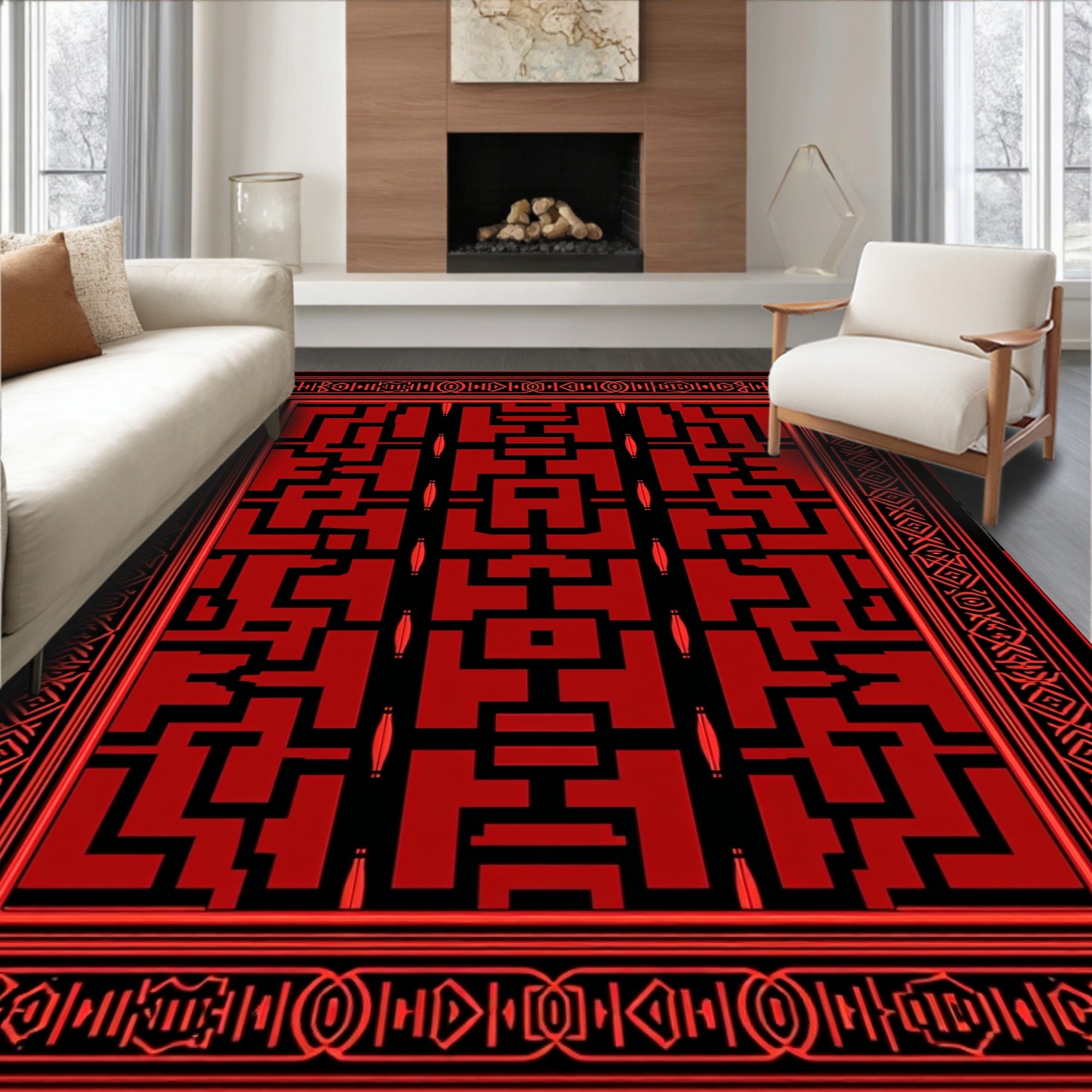 Bold Red Black Geometric Maze Rug