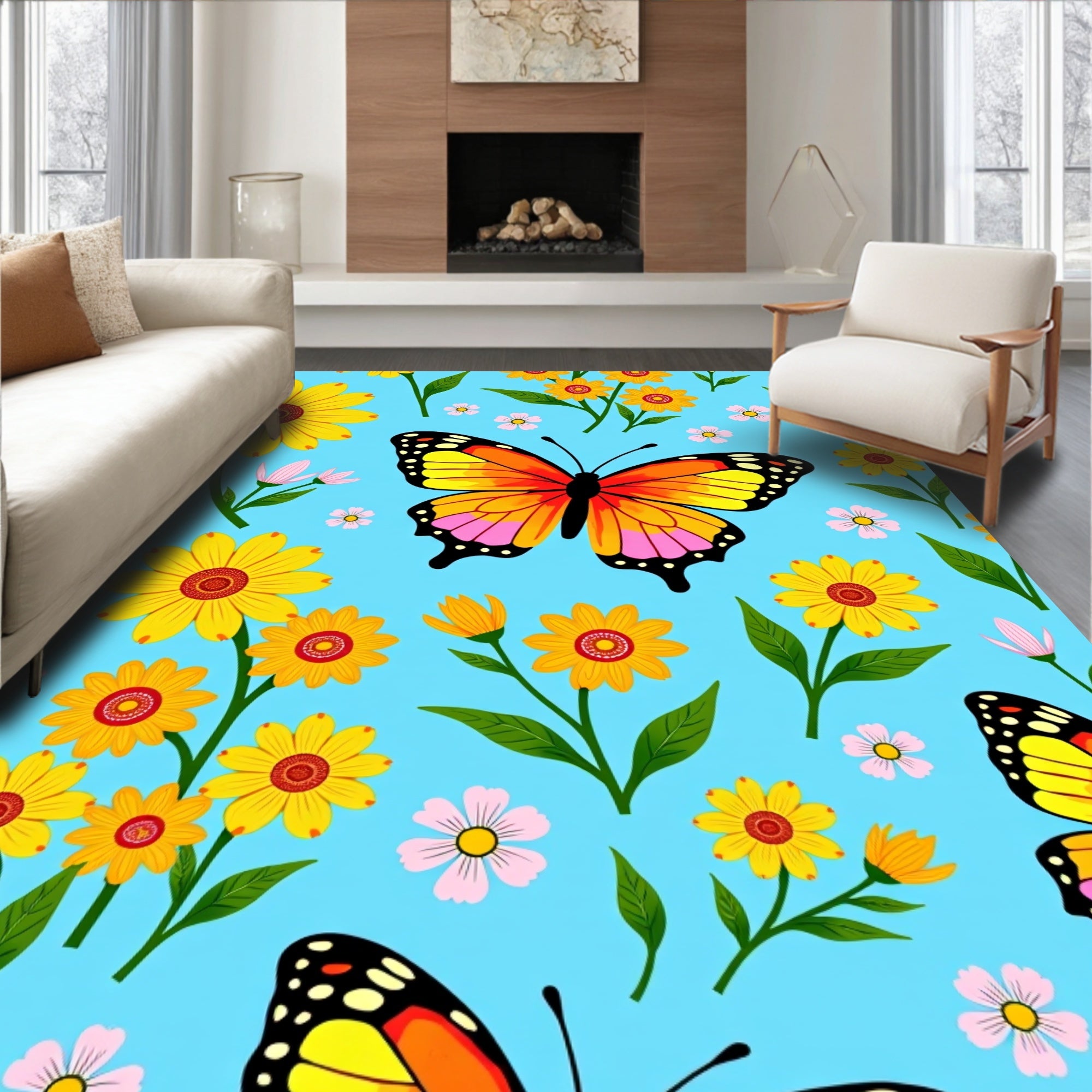 Bright Butterfly Flower Pattern Rug