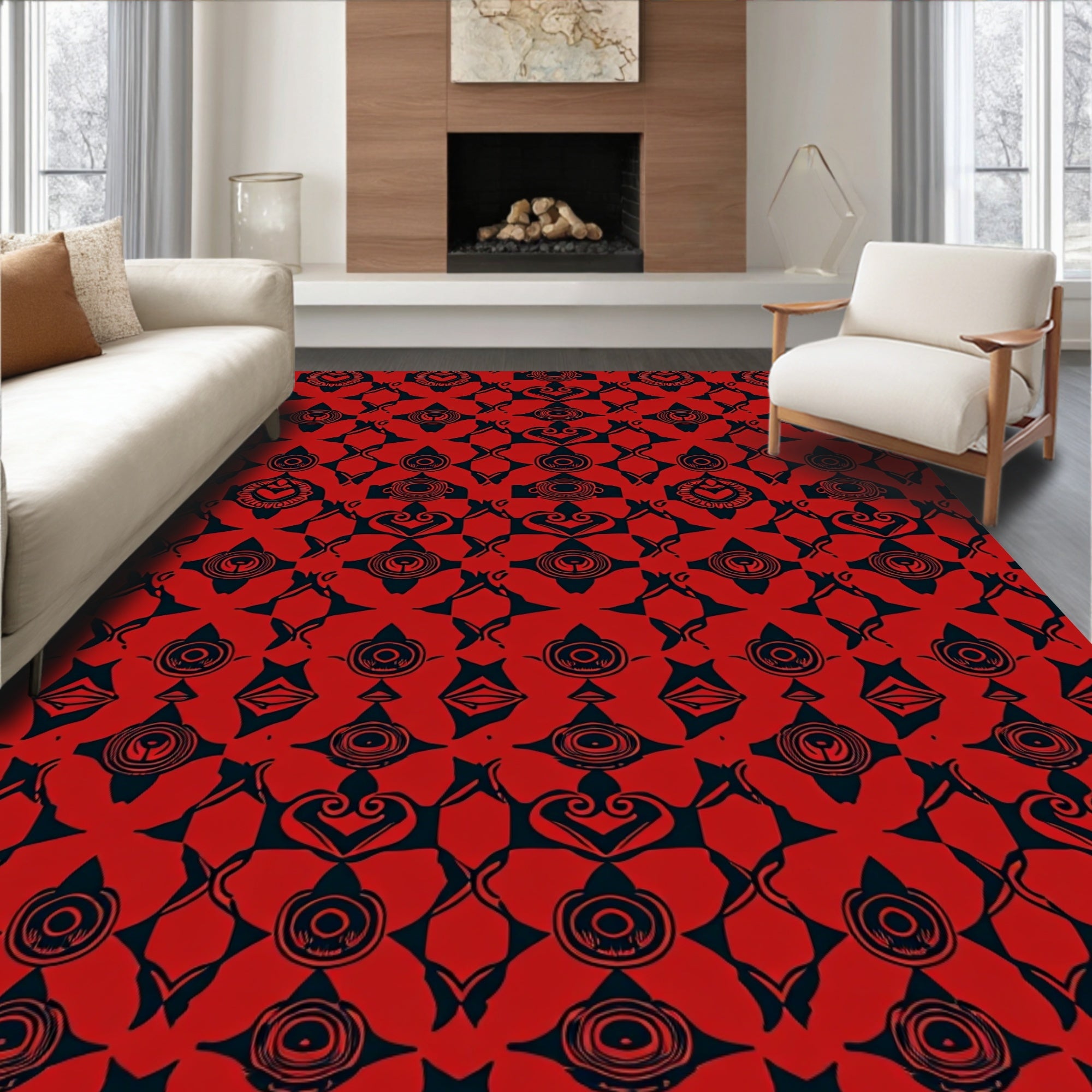 Bold Red Abstract Geometric Print Rug