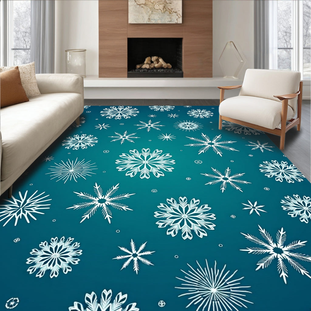 White Snowflake Winter Teal Gradient Rug