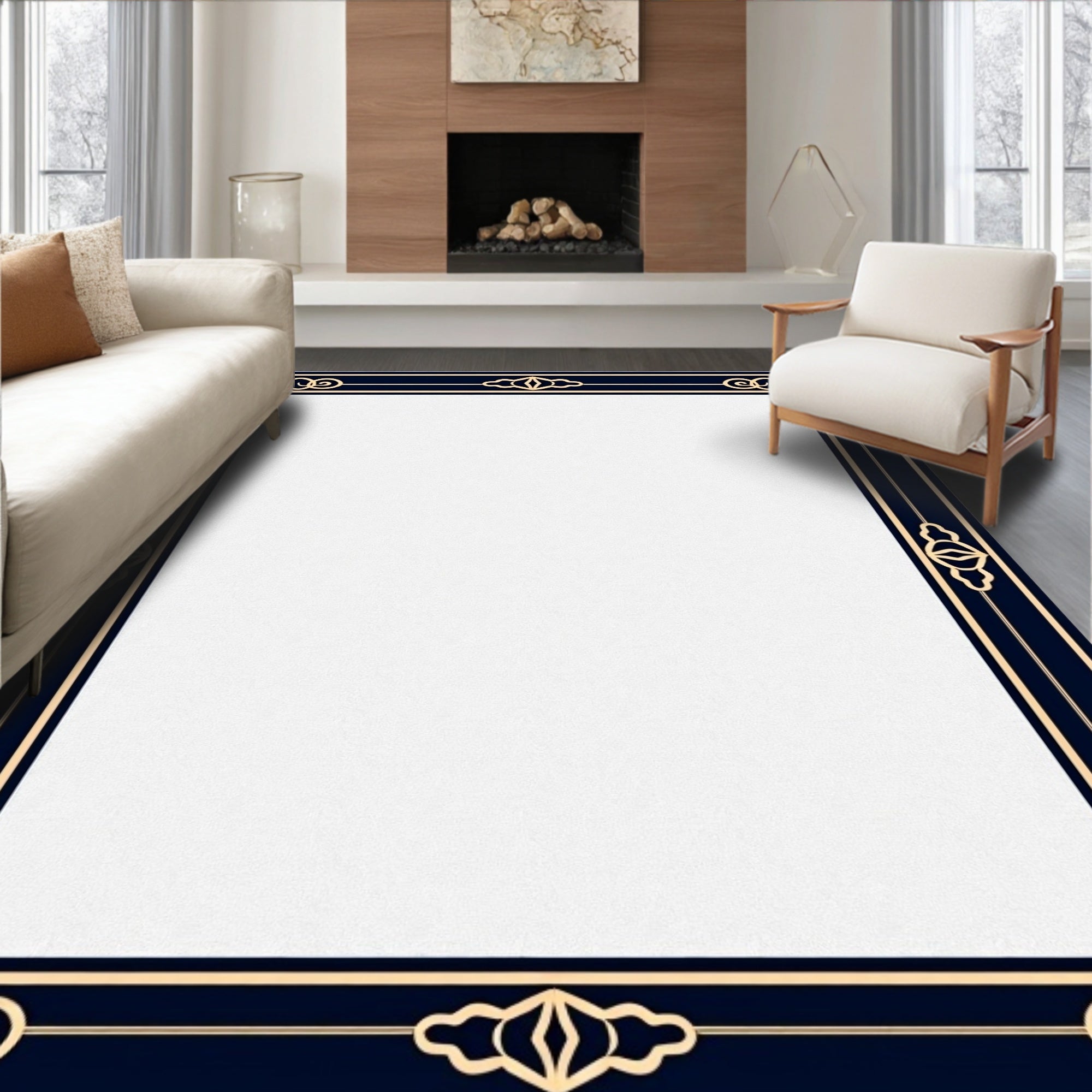 Dark Blue Golden Scroll Border Rug