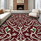Rich Burgundy Floral Leaf Pattern Rug
