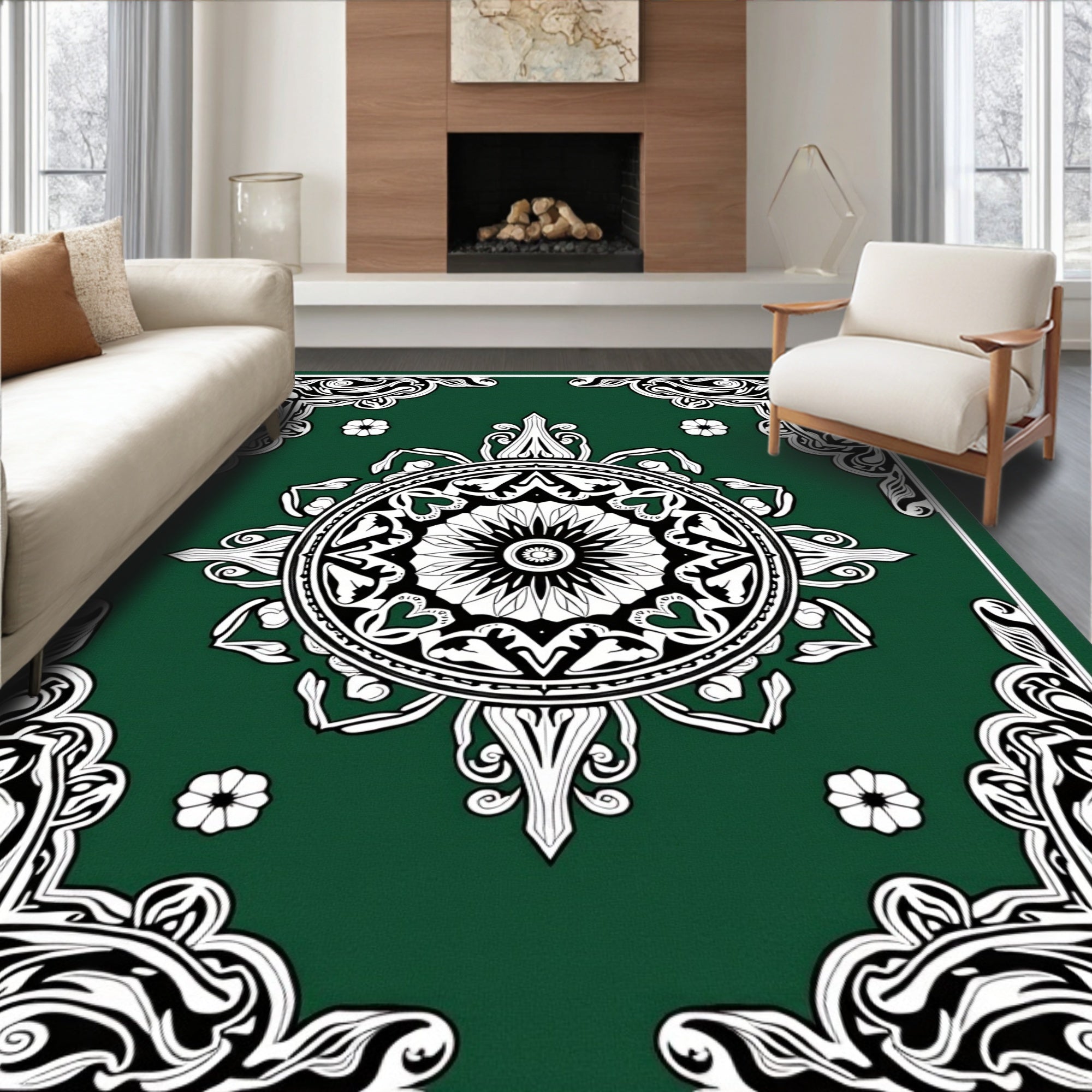 Green Floral Medallion Border Design Rug