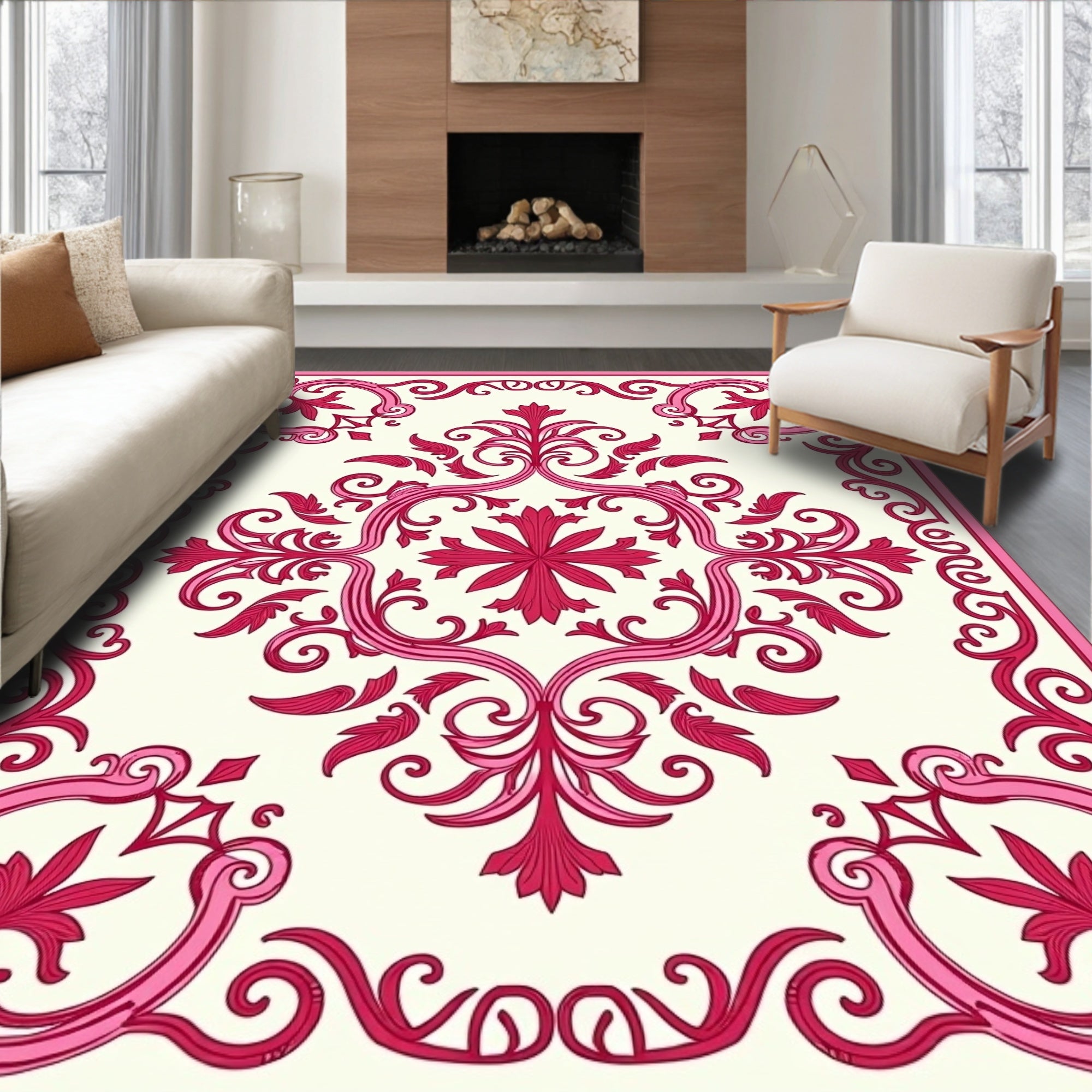 Ornate Pink Floral Scroll Rug