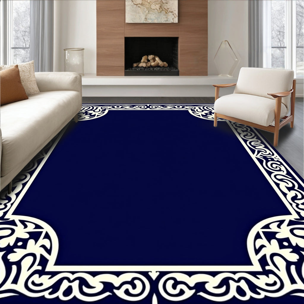 Elegant Ivory Floral Scroll Border Design Rug