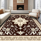 Chocolate Cream Floral Scroll Pattern Rug
