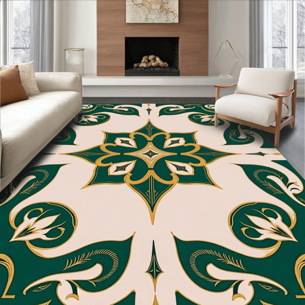 Ornate Emerald Gold Floral Pattern Rug
