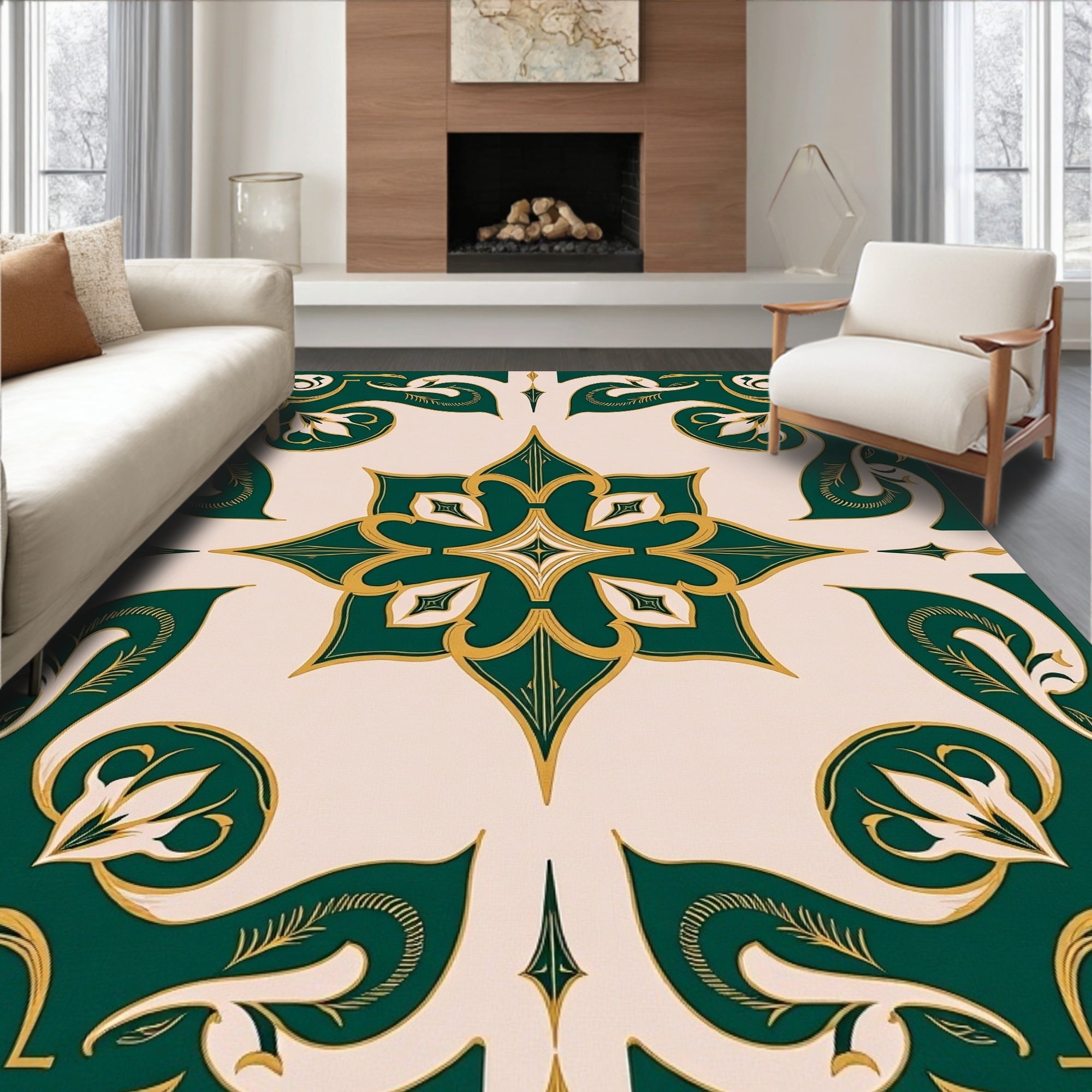 Ornate Emerald Gold Floral Pattern Rug