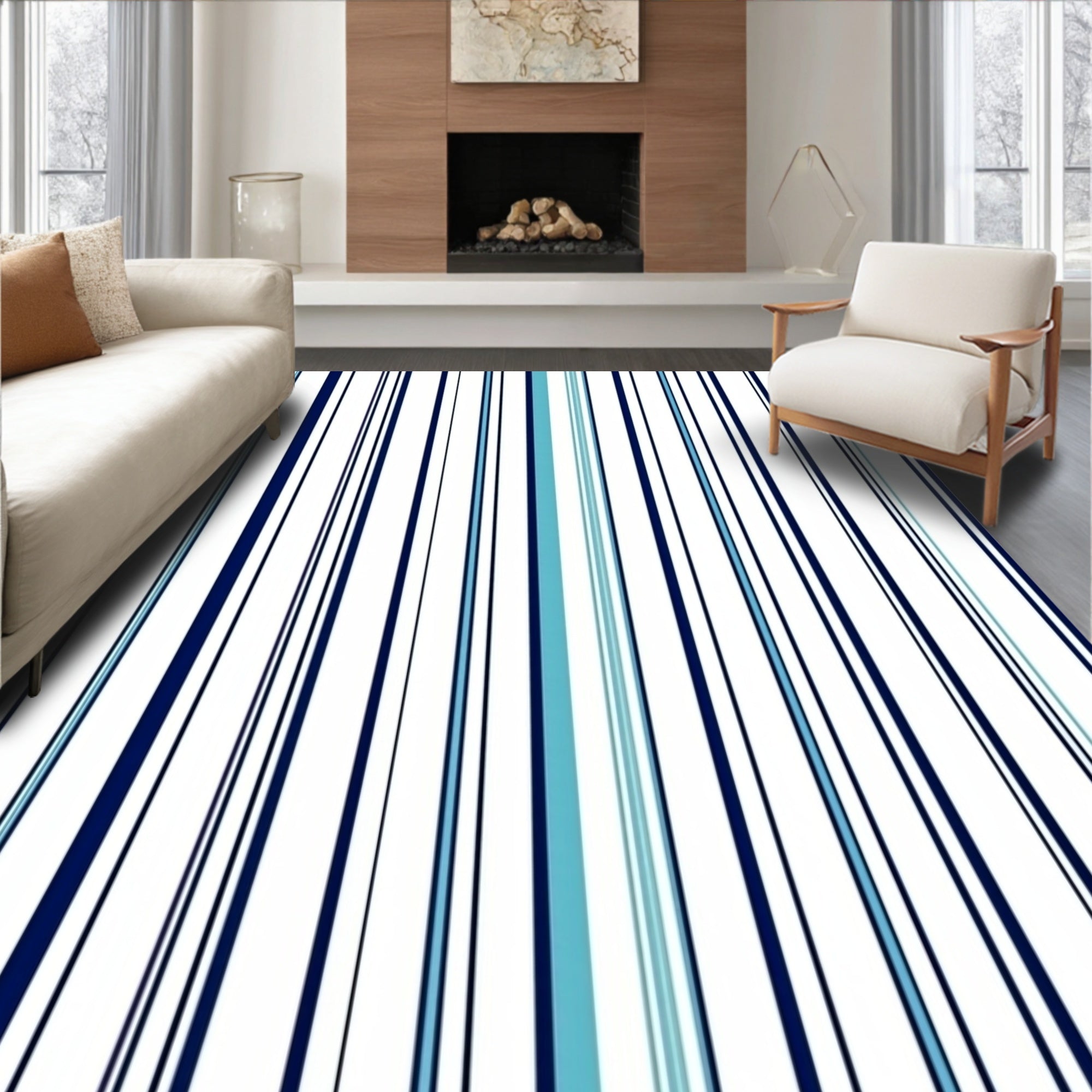 Navy Blue Aqua Vertical Stripe Pattern Rug