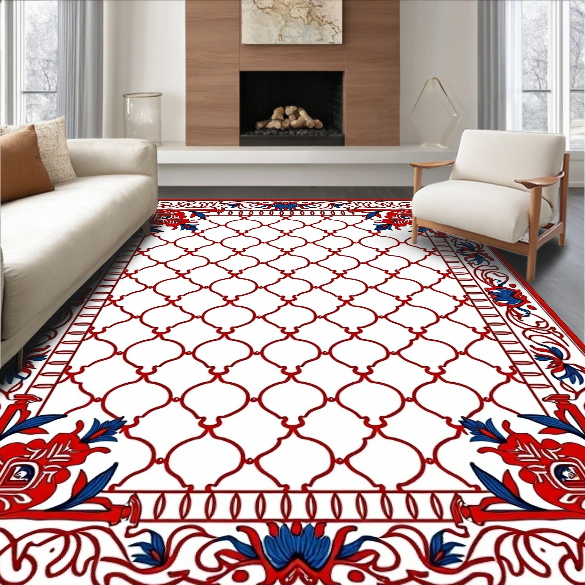 Red Blue Geometric Floral Tile Pattern Rug