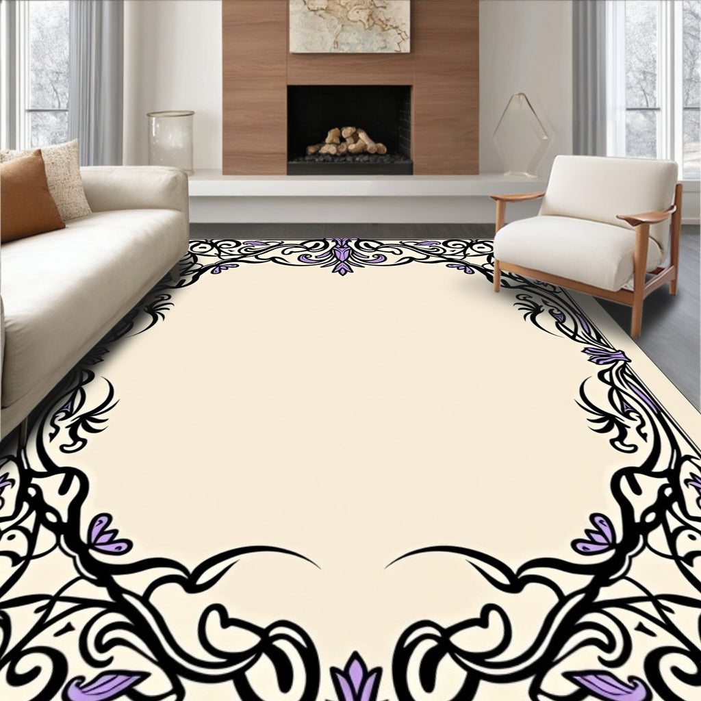 Elegant Black Violet Floral Scroll Rug